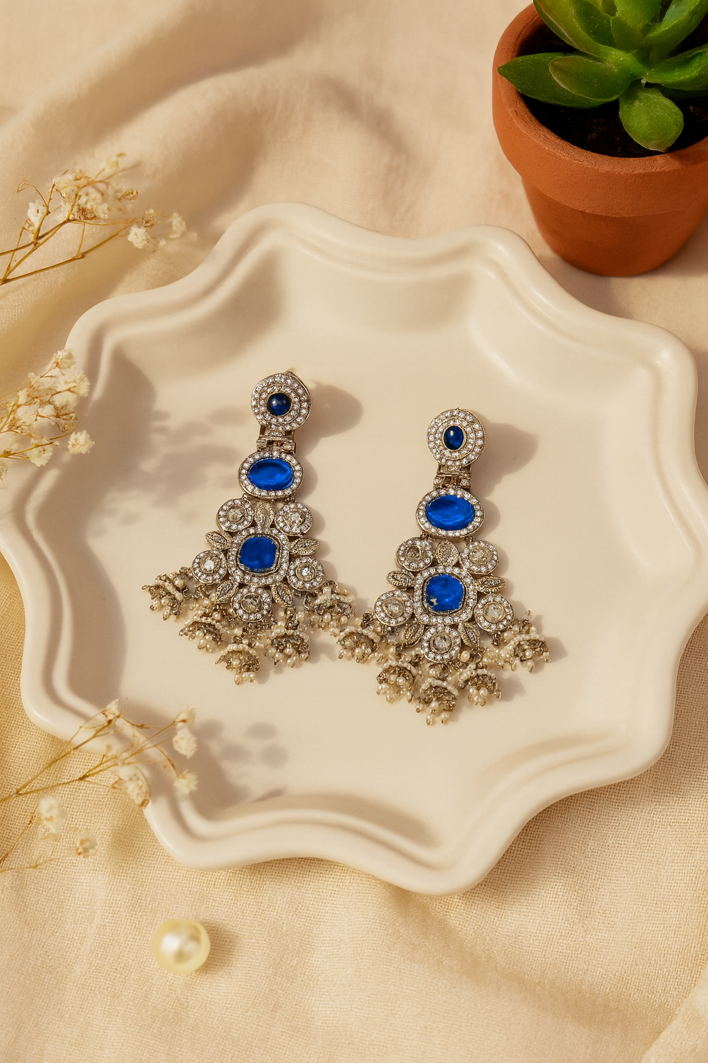 Festive Indian Statement Earrings | Blue Stone & Gold Dangle Design