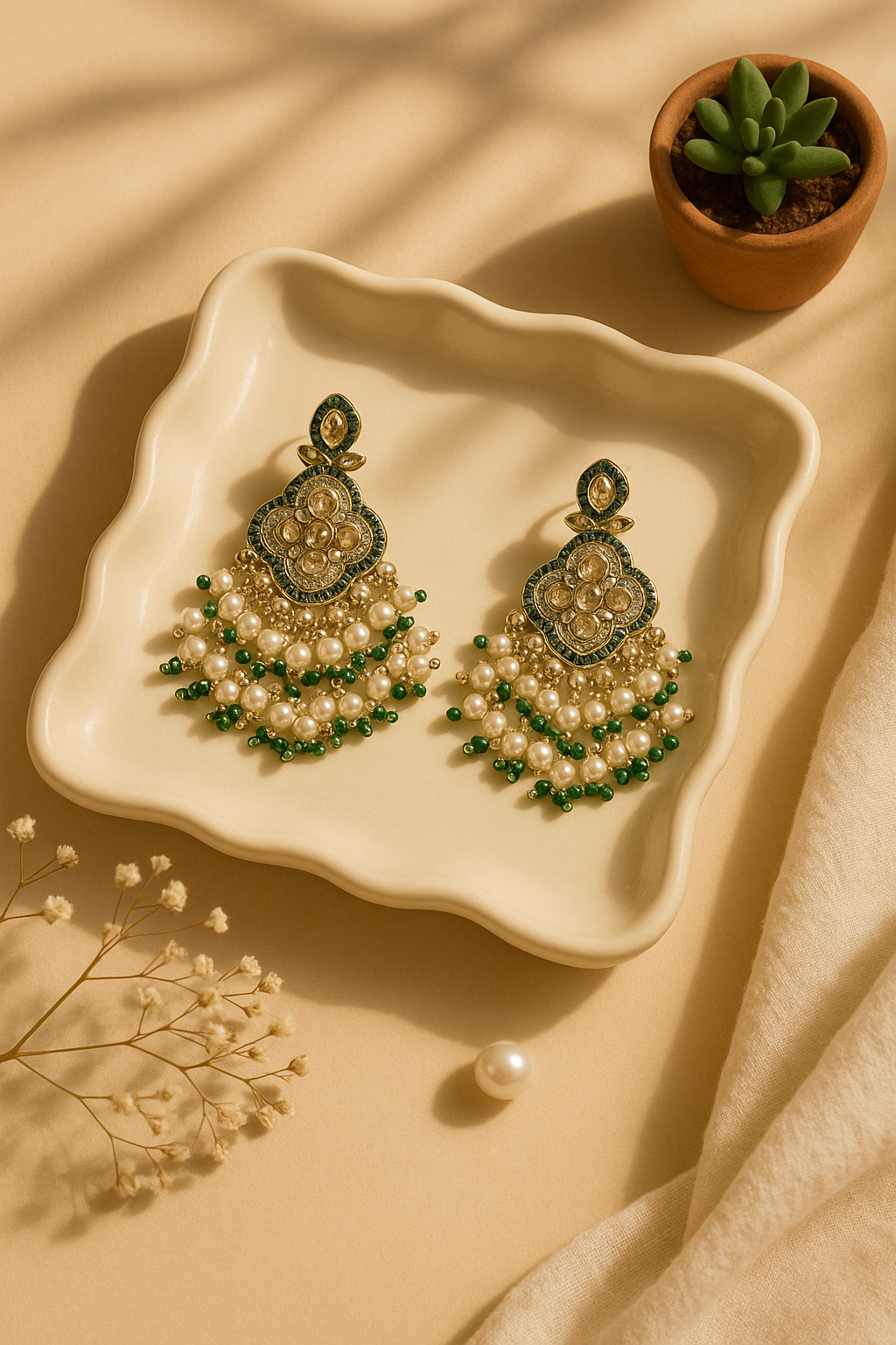 Pearl and kundan jhumka earrings with green beads