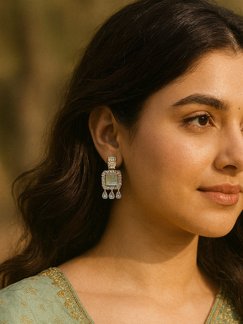 Festive Indian Kundan Earrings | Pista Green Square Stone Drops