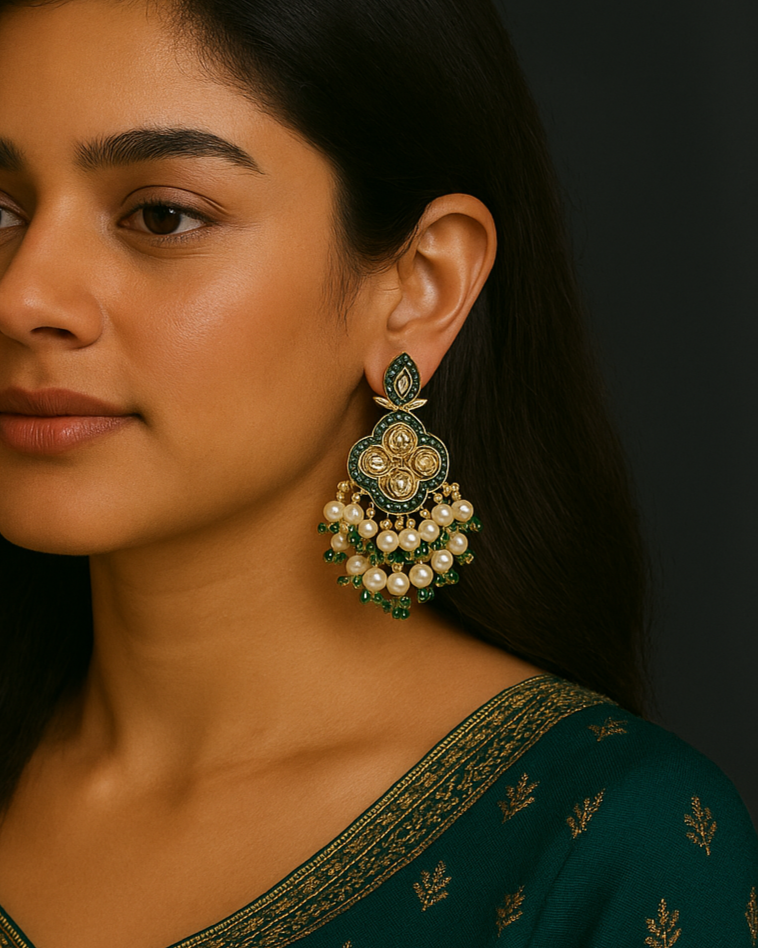 Pearl and kundan jhumka earrings with green beads