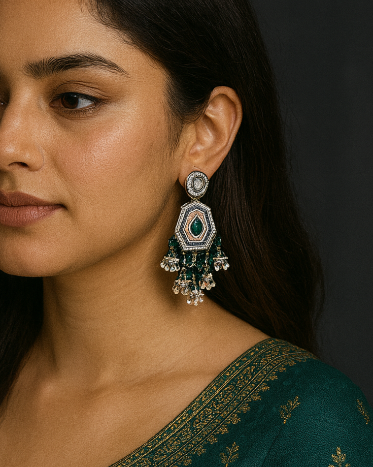 Festive Indian Jhumka Earrings | Green Stone & Hexagon Dangle Design