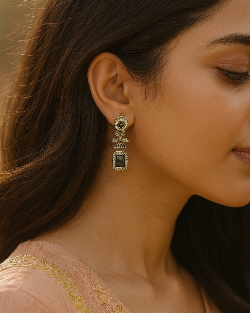 Festive Indian Earrings | Black Stone & Gold Rectangle Dangle