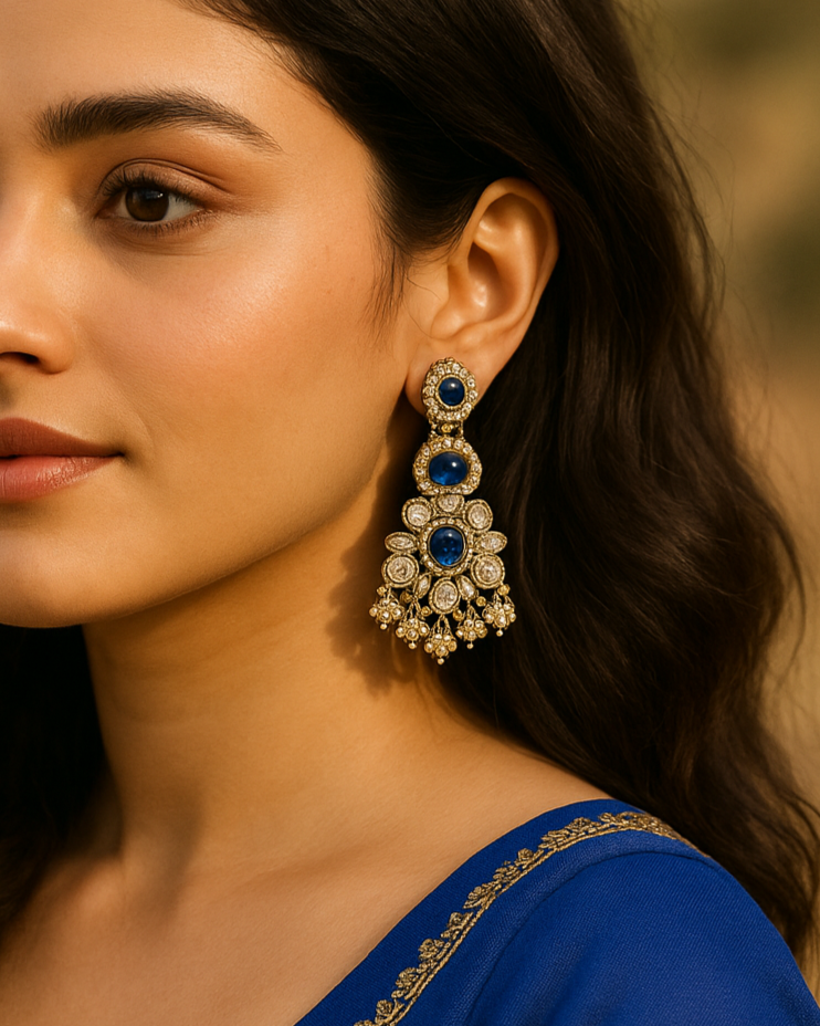 Festive Indian Statement Earrings | Blue Stone & Gold Dangle Design