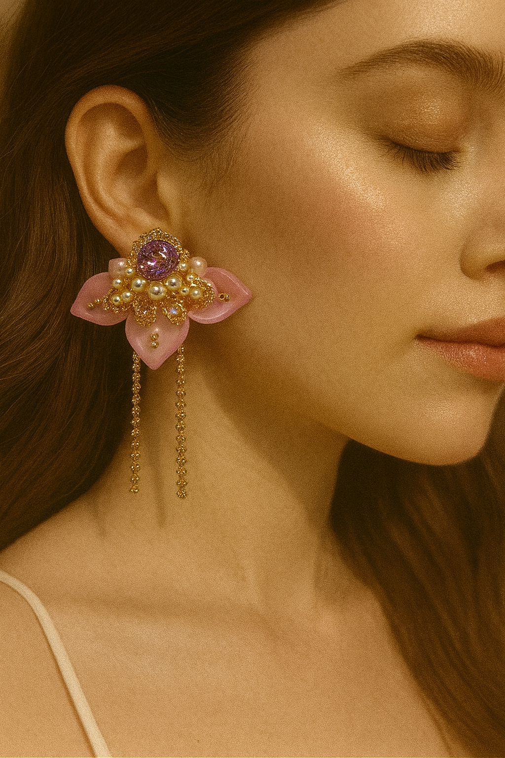 Korean statement earrings with pink petals and purple gem