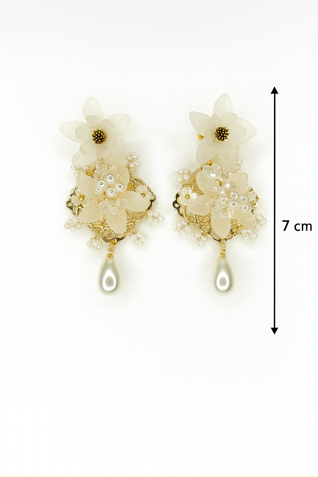Turkish White Floral Pearl Earrings | Elegant Gold-Plated Statement Danglers