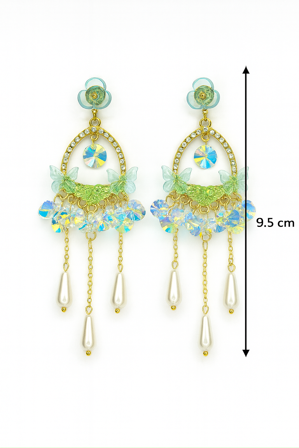 Turkish Aqua Floral Butterfly Dangler Earrings with Crystals & Pearl Drops