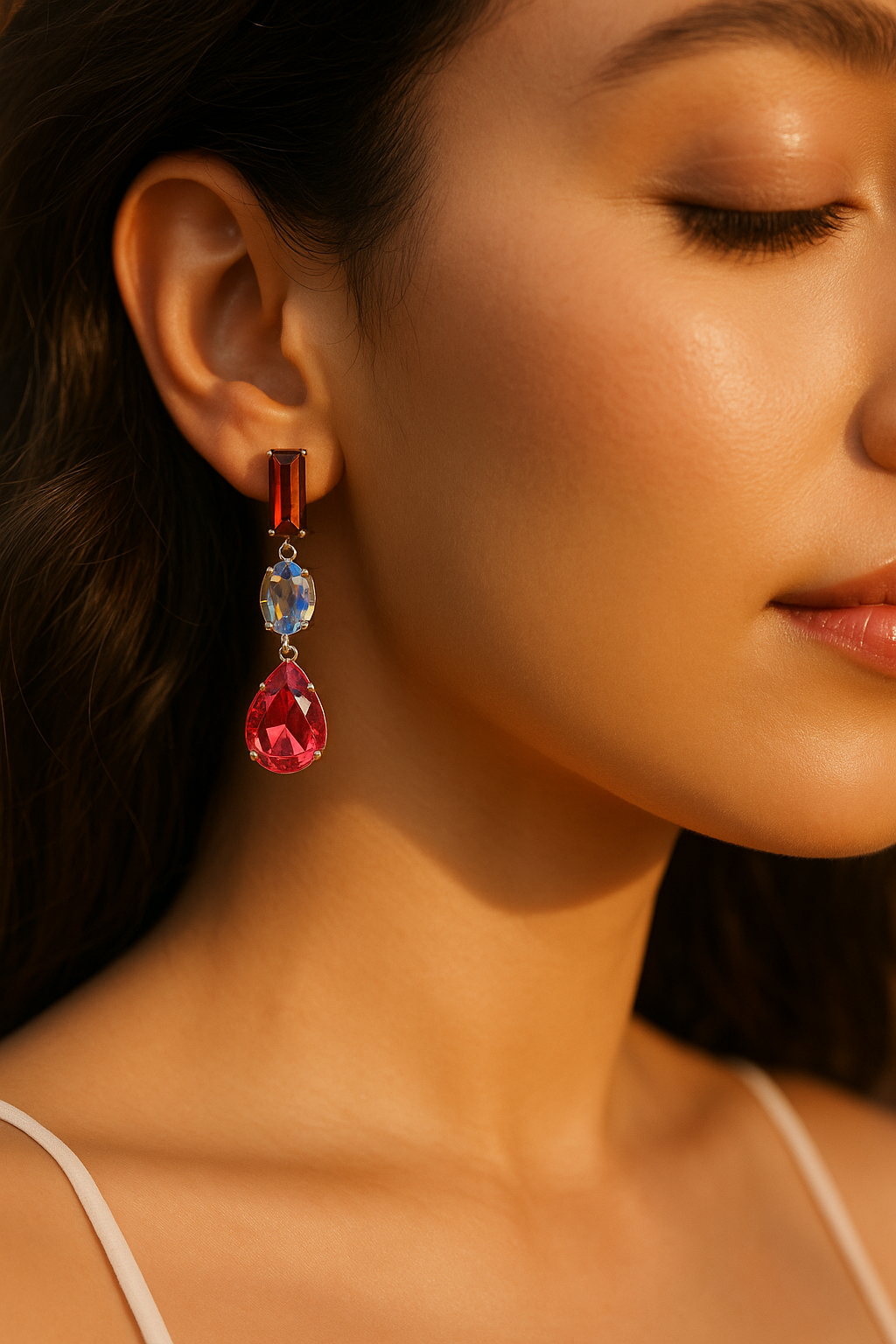 Korean Statement Jewel Drop Earrings | Red Gem & Multicolor Crystal