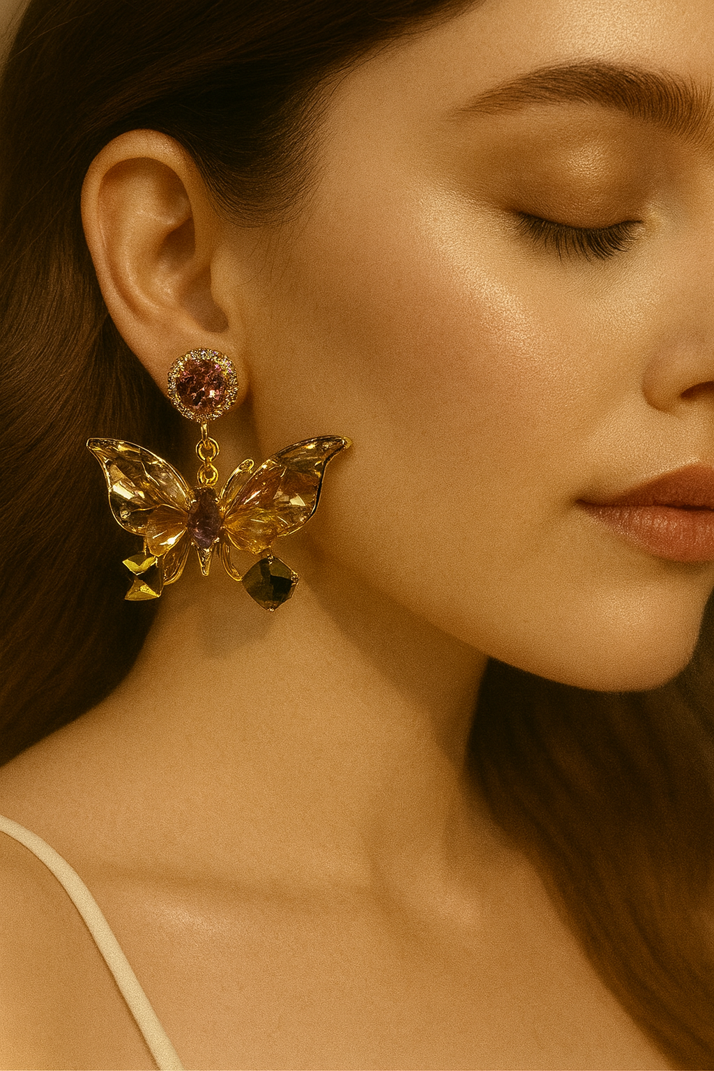 Korean butterfly earrings with amber crystals and gold plating