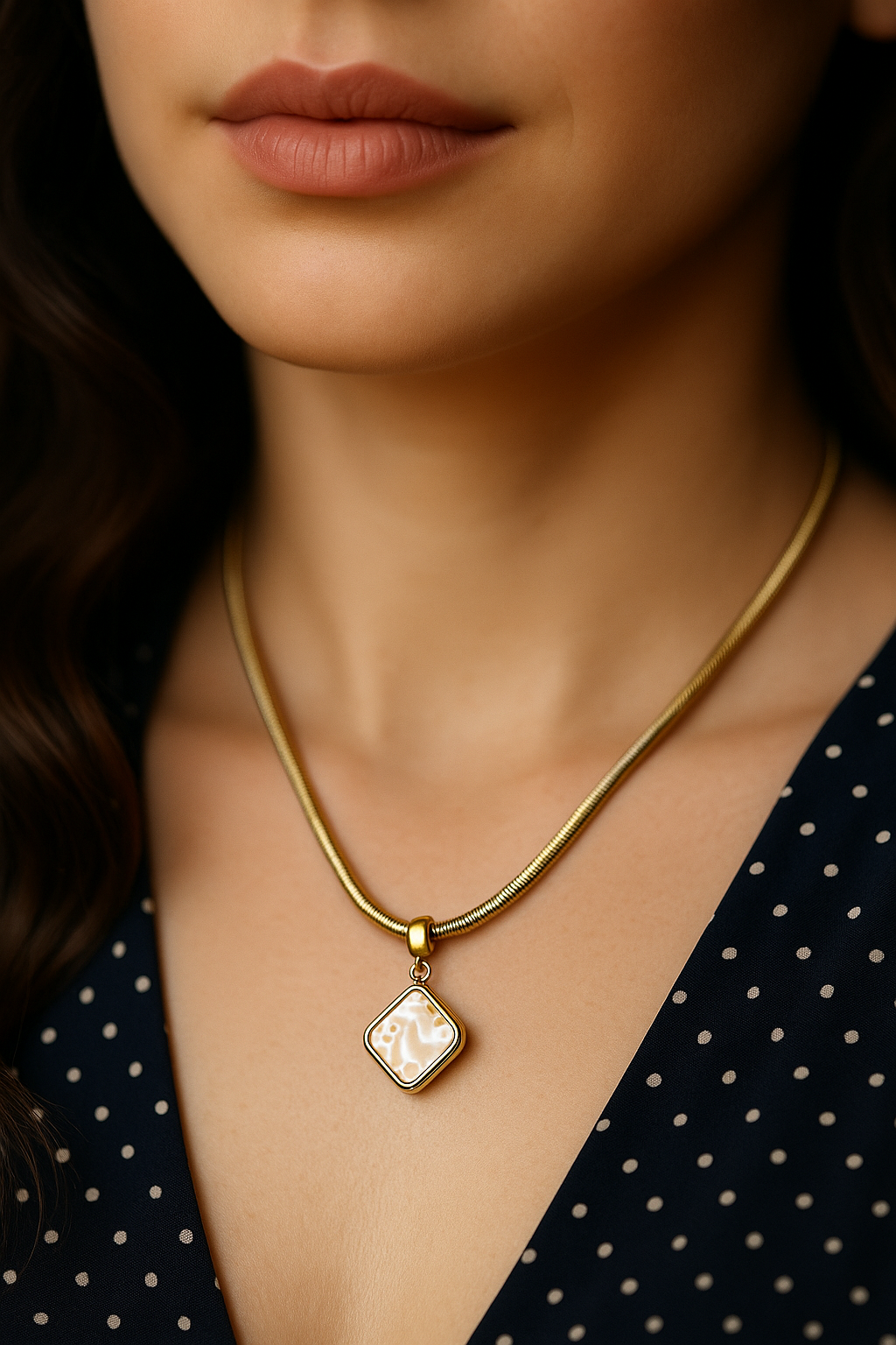 Gold-plated Korean square pendant necklace with pearl center