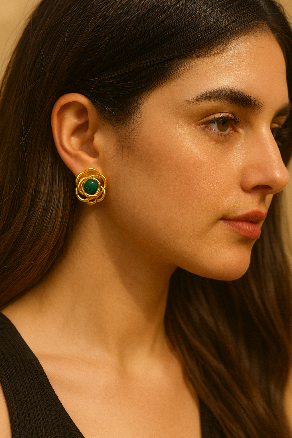 Gold-plated Korean stud earrings with green gemstone