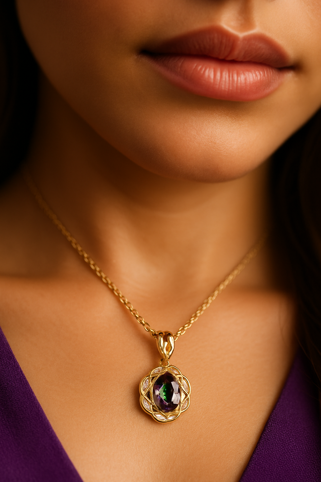 Gold-plated Korean necklace with multicolor gemstone pendant