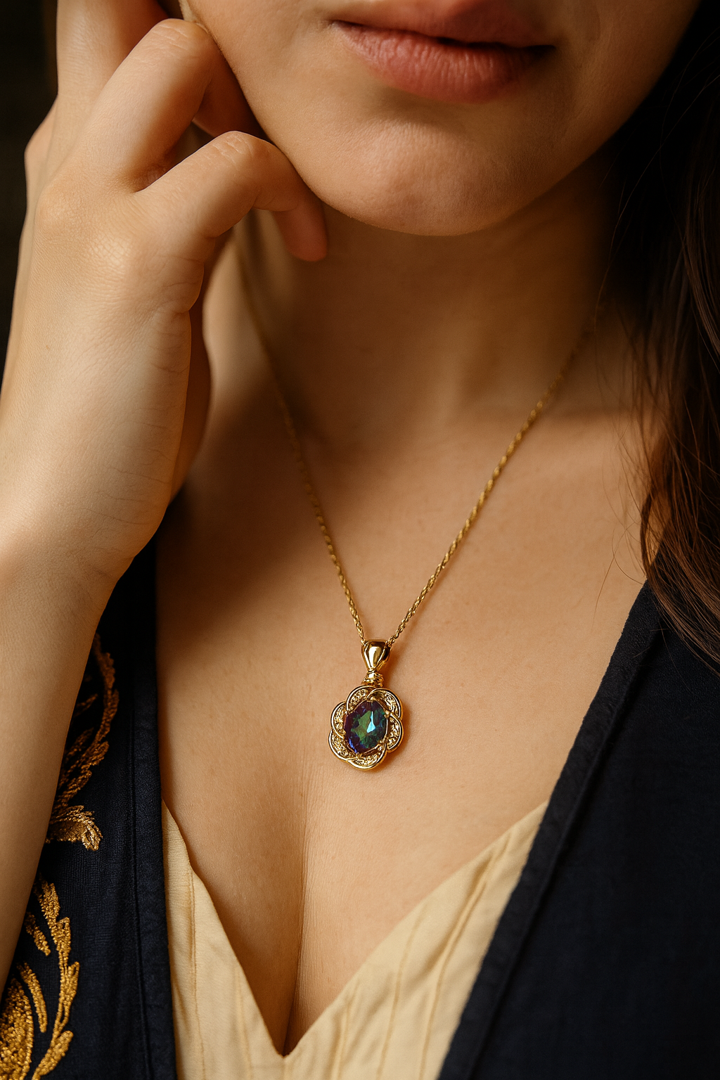 Gold-plated Korean necklace with multicolor gemstone pendant