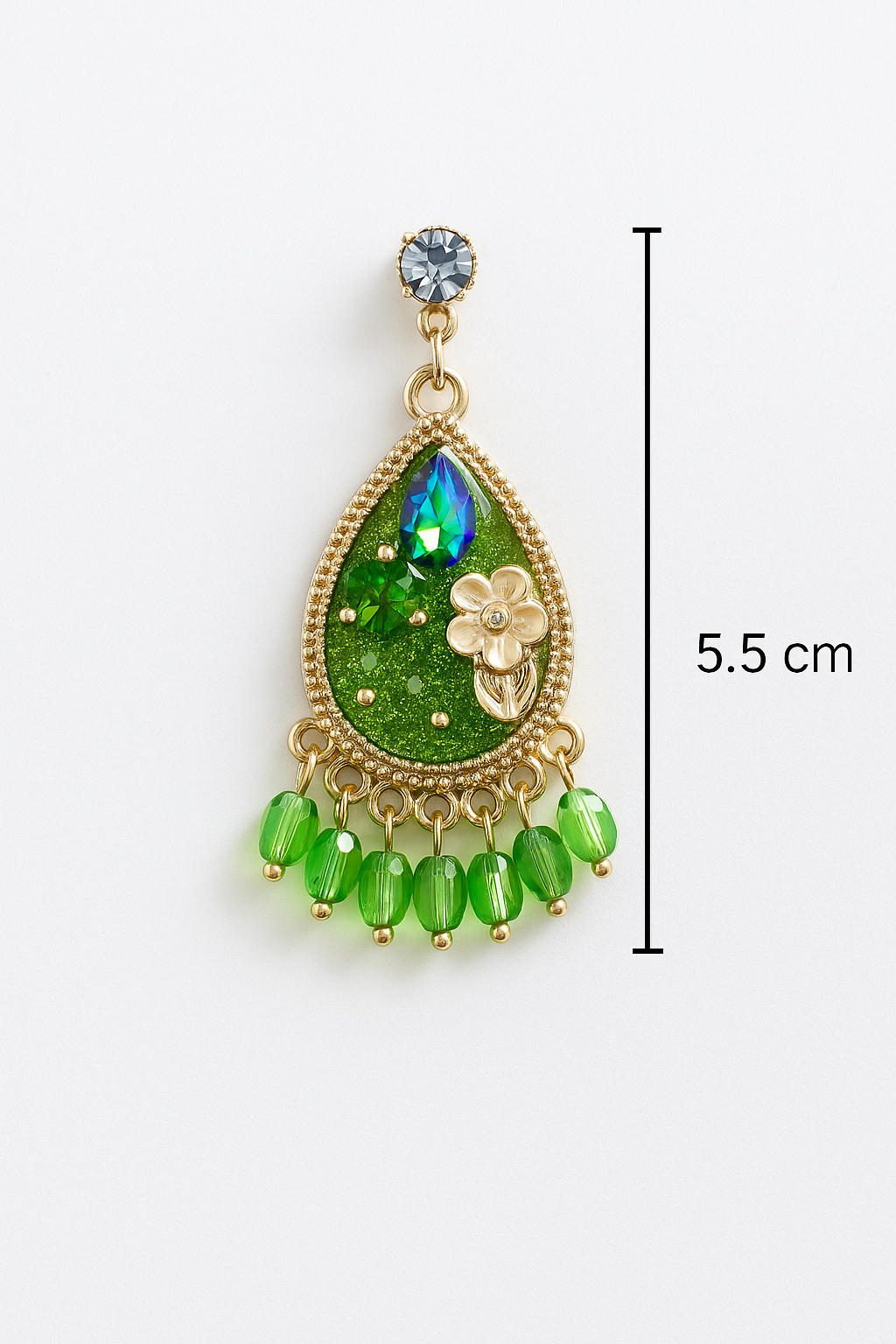 Korean teardrop earrings with green crystals and floral details