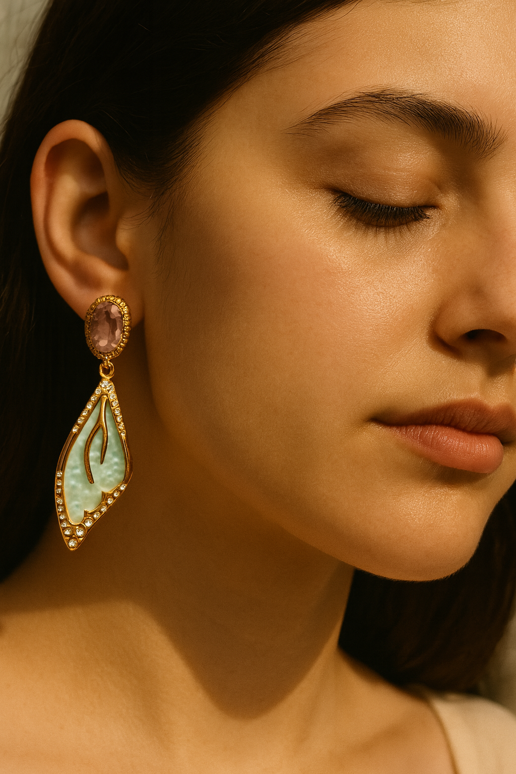 Gold-plated Korean drop earrings with green enamel and crystals