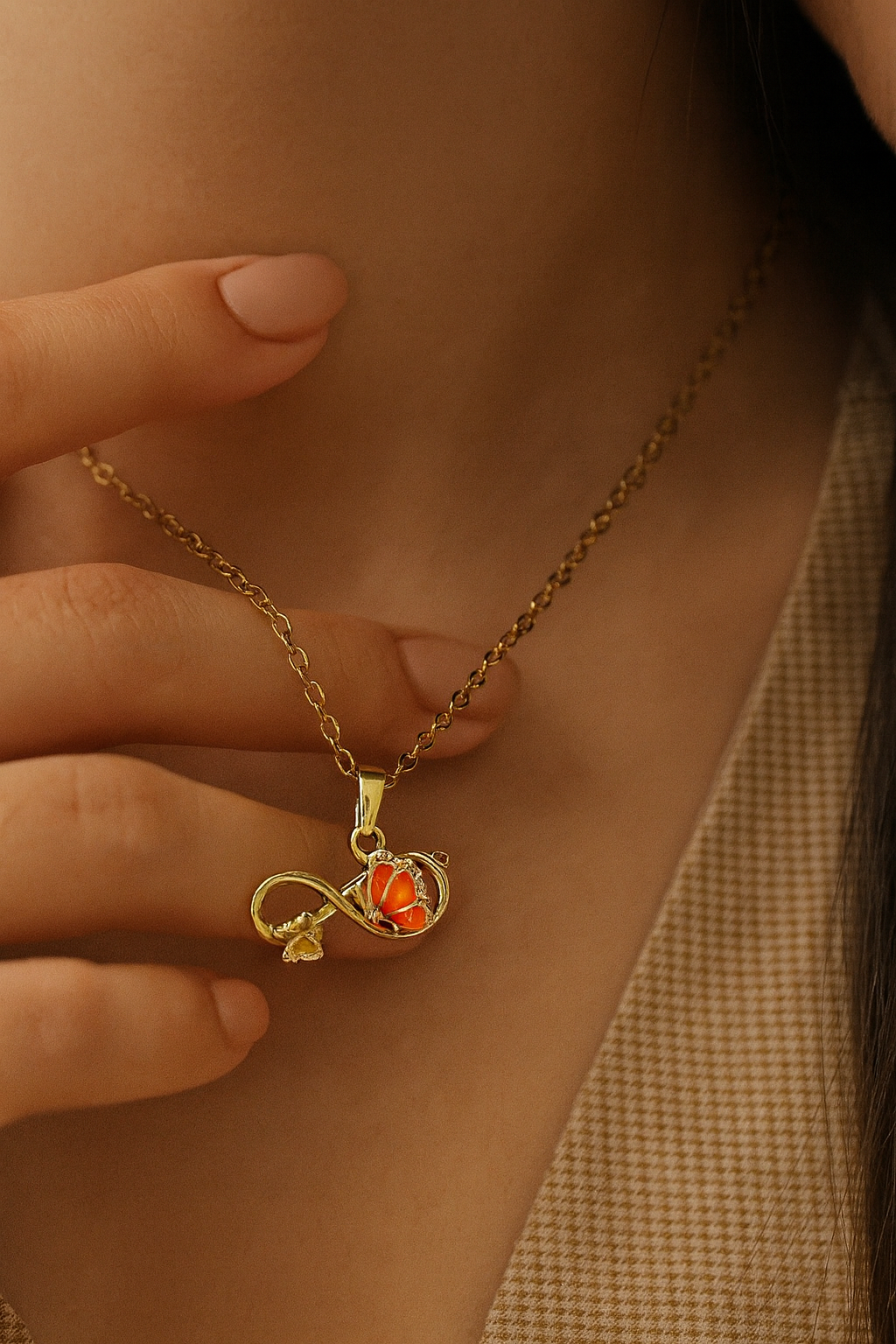 Gold-plated Korean infinity necklace with orange enamel flower
