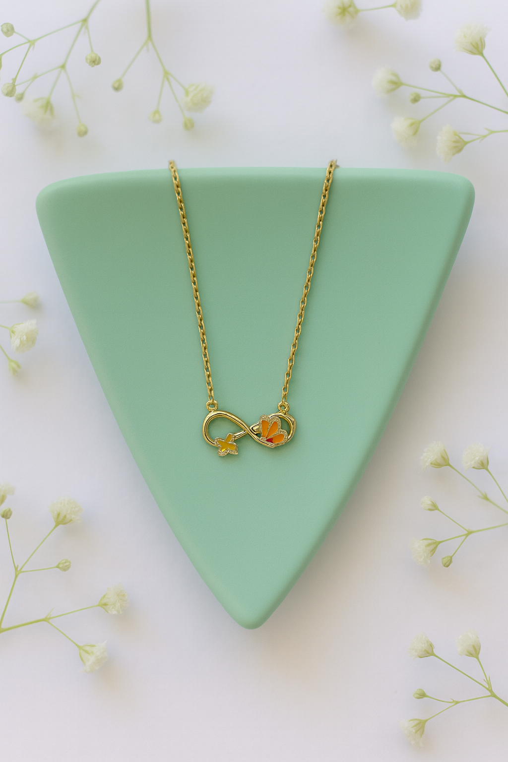 Gold-plated Korean infinity necklace with orange enamel flower