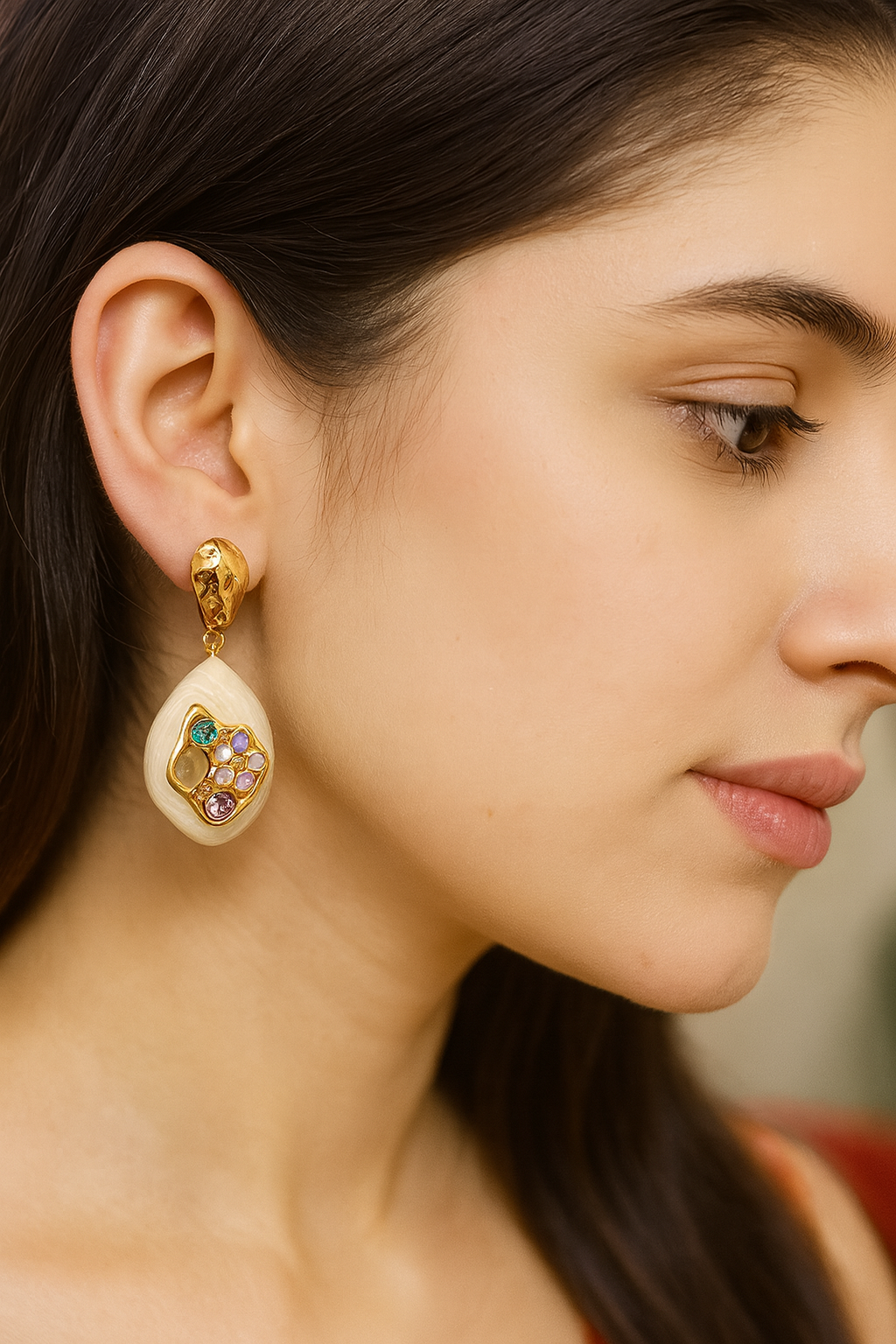 Gold-plated Korean drop earrings with multicolor crystals