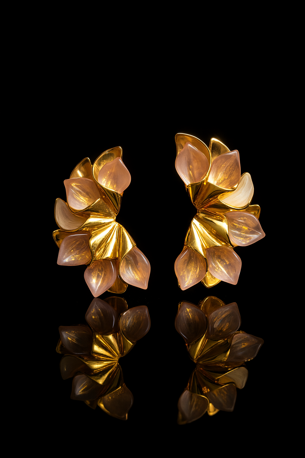 Gold-plated Korean floral earrings with pink crystal petals