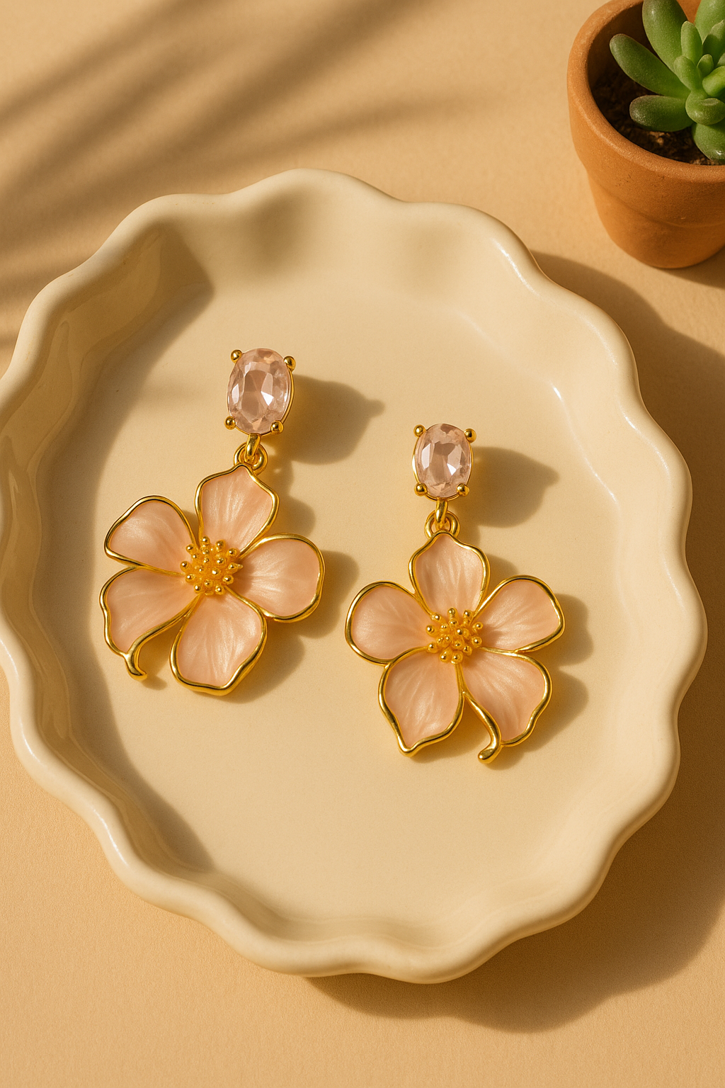 Dainty floral earrings with crystal top and pink petals