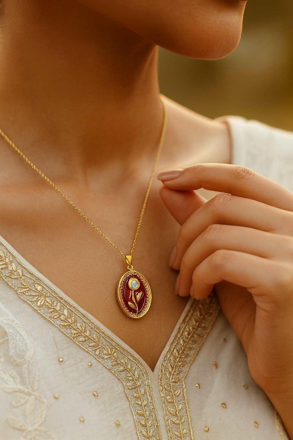 Gold necklace with an oval red pendant featuring a white rose.