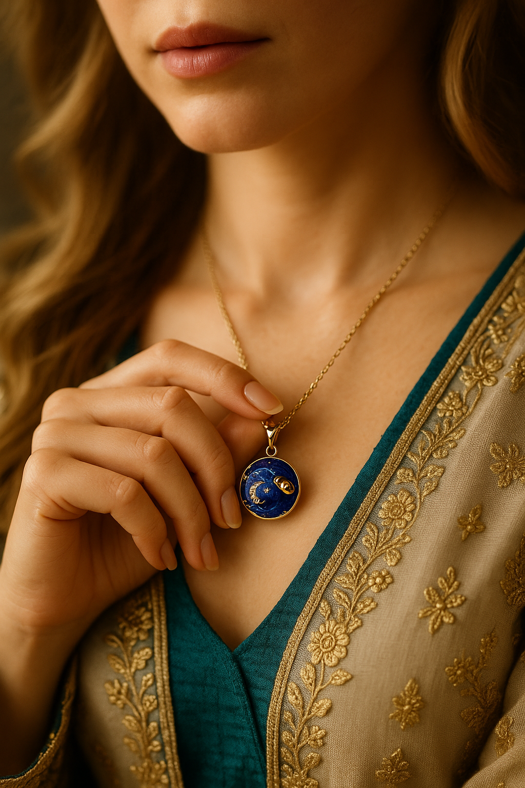 Gold-plated Korean locket necklace with moon and planet design