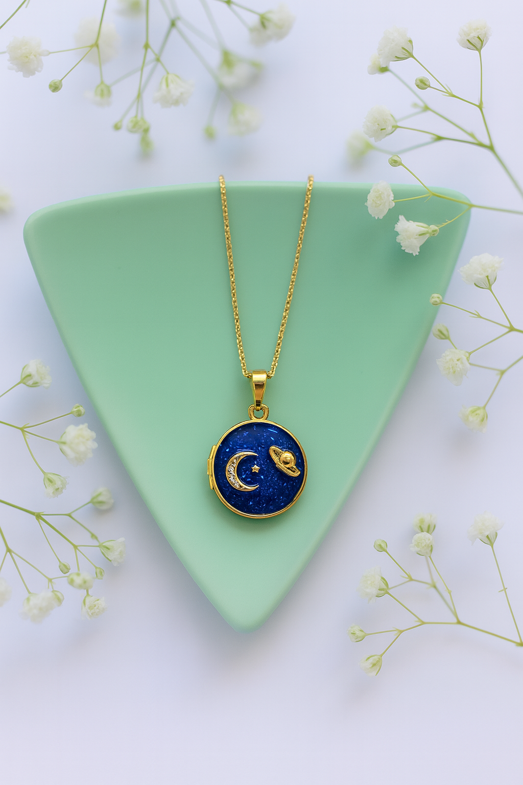 Gold-plated Korean locket necklace with moon and planet design