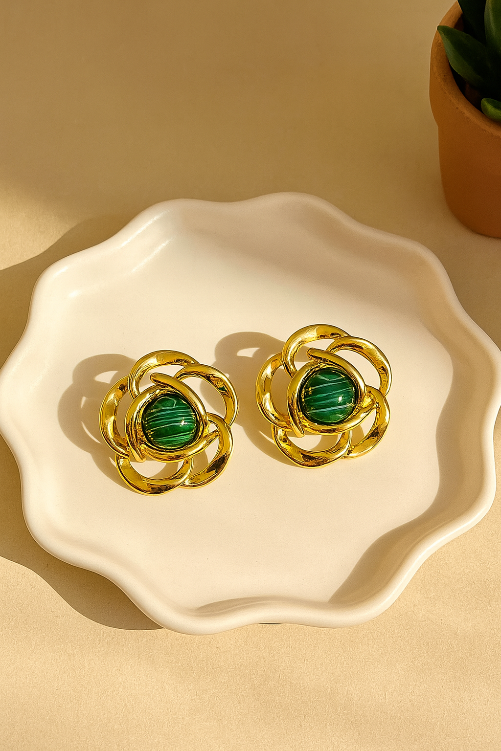 Gold-plated Korean stud earrings with green gemstone
