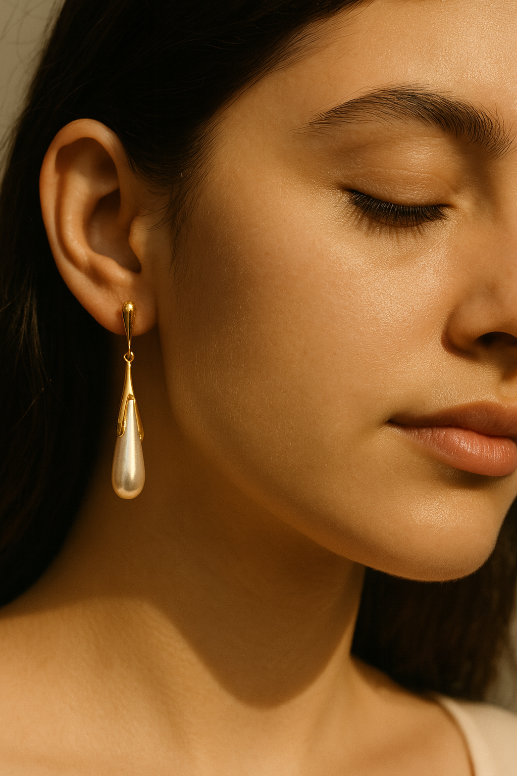 Gold-plated Korean pearl drop earrings with teardrop design