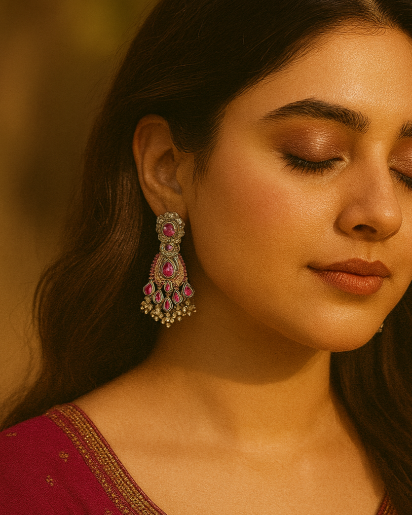 Festive Indian Kundan Earrings | Pink Teardrop & Stonework Chandbali