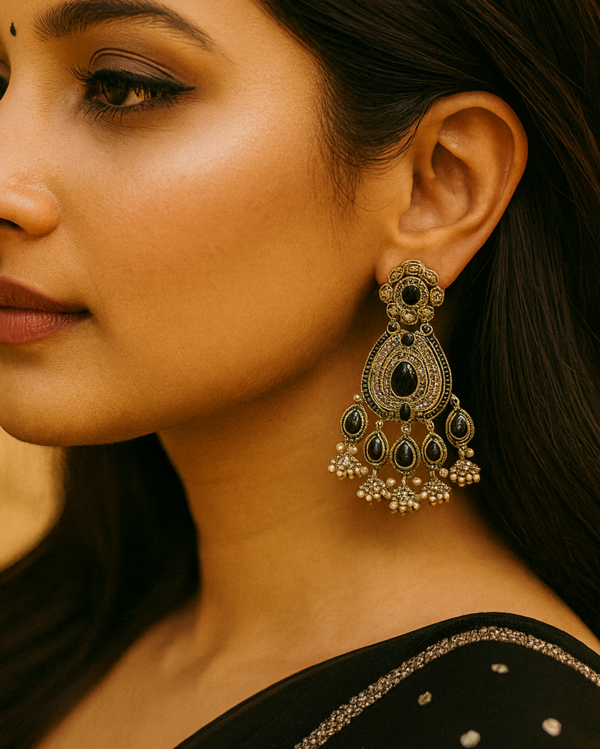 Festive Indian Earrings | Black Stone Chandbali Jhumka
