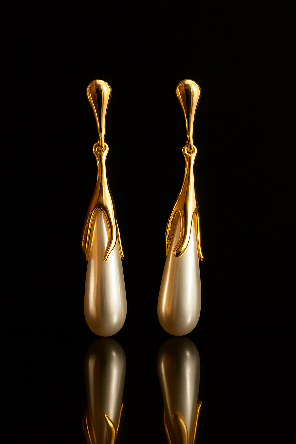 Gold-plated Korean pearl drop earrings with teardrop design