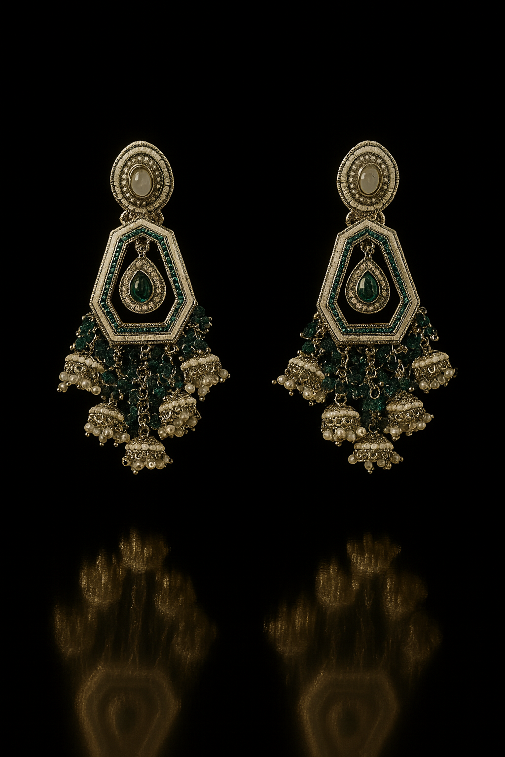 Festive Indian Jhumka Earrings | Green Stone & Hexagon Dangle Design