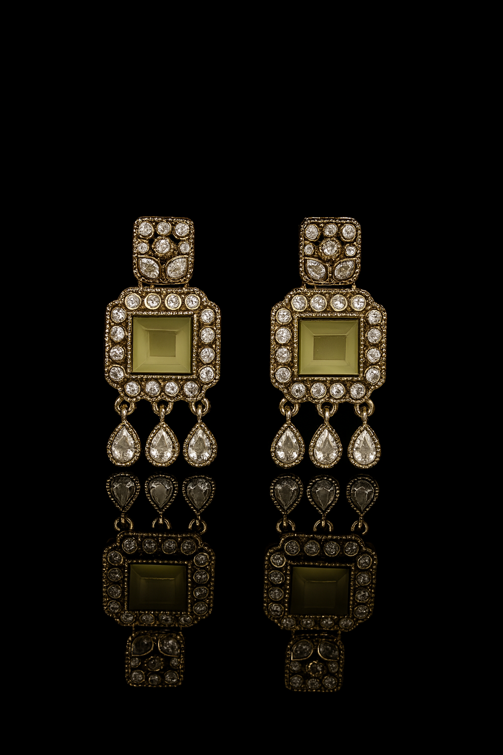 Festive Indian Kundan Earrings | Pista Green Square Stone Drops