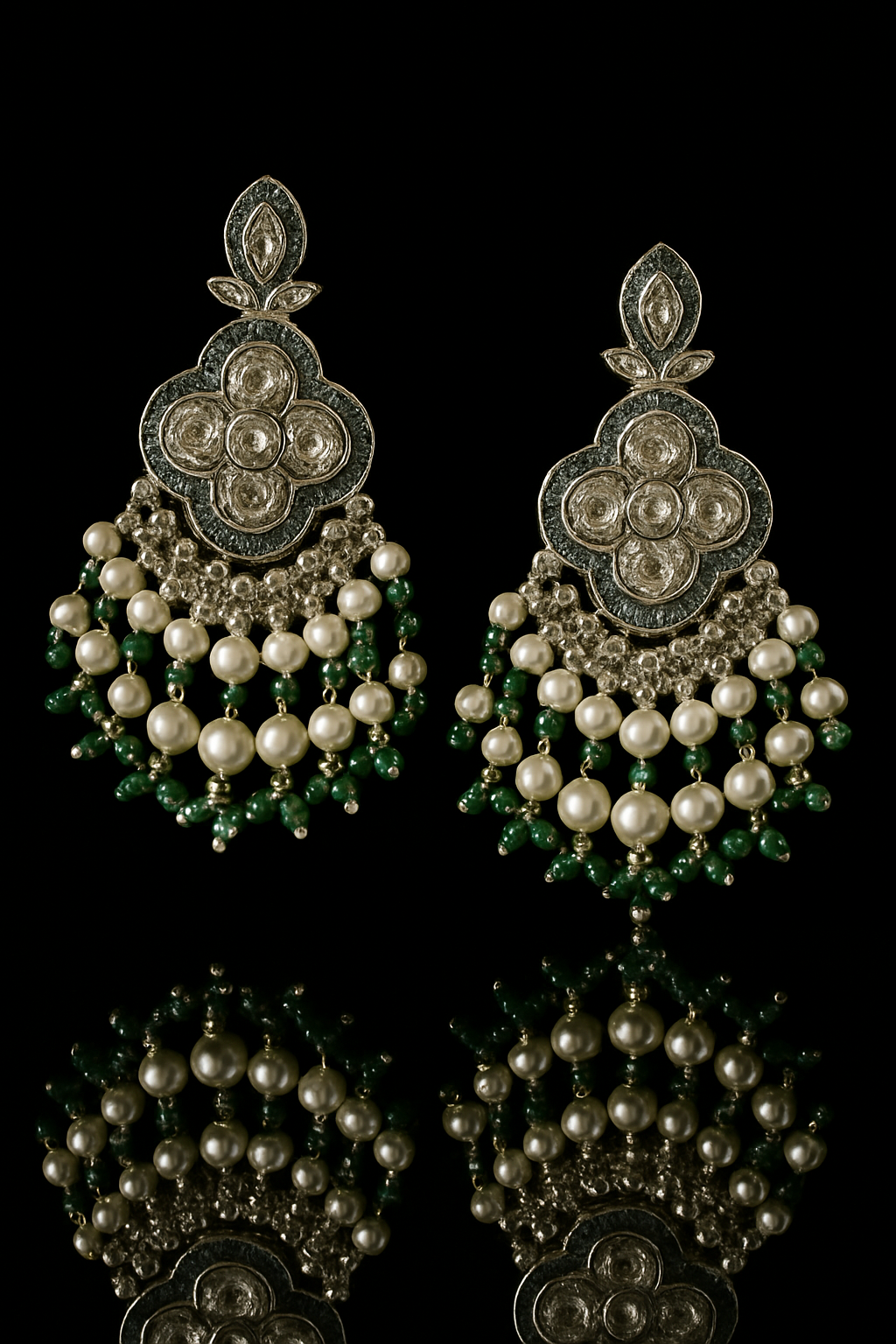Pearl and kundan jhumka earrings with green beads