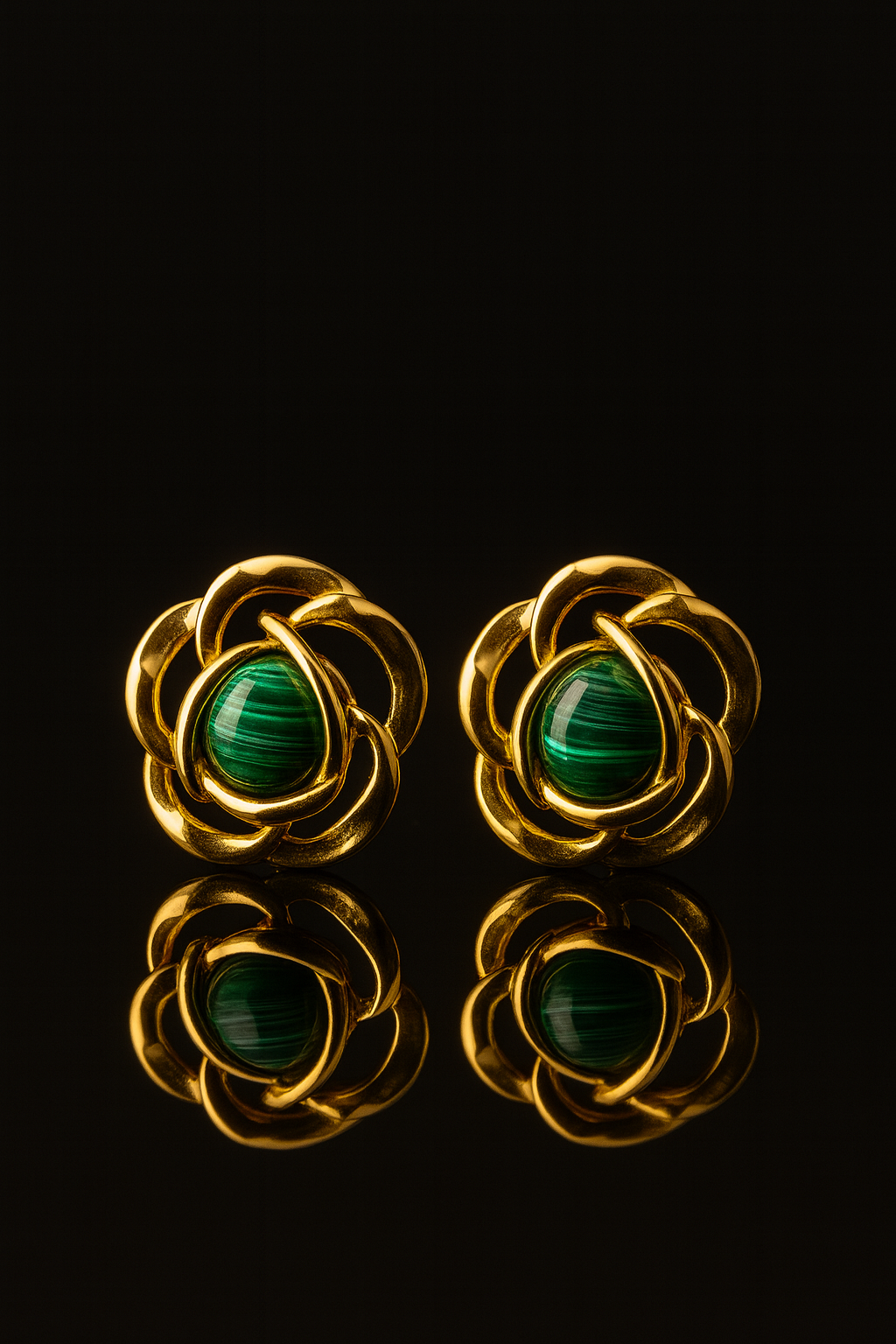 Gold-plated Korean stud earrings with green gemstone