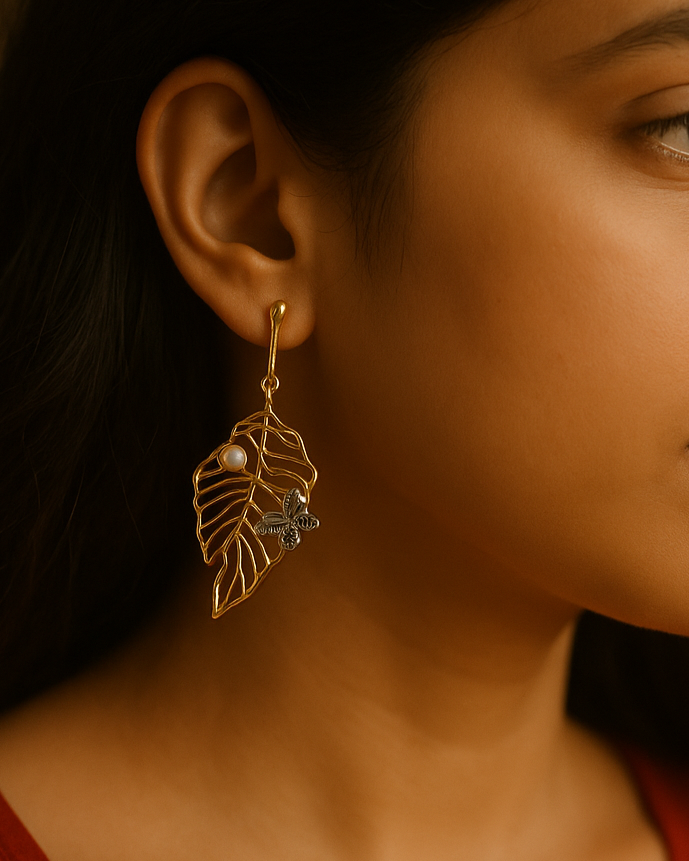 Gold-plated Korean leaf earrings with pearl and butterfly
