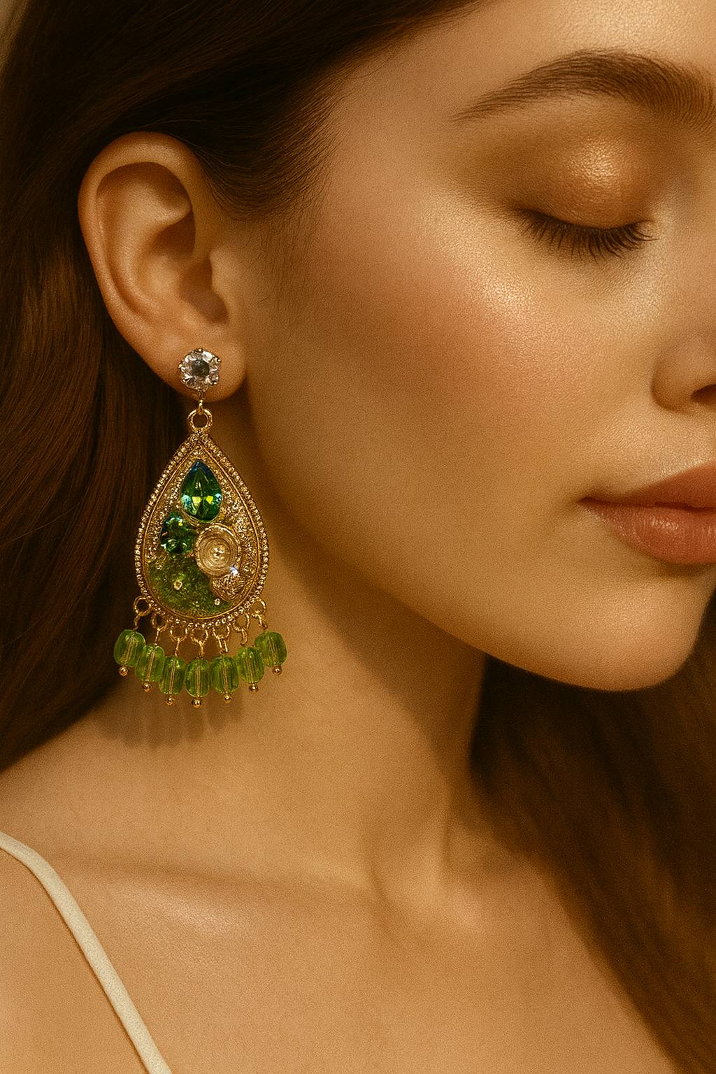 Korean teardrop earrings with green crystals and floral details