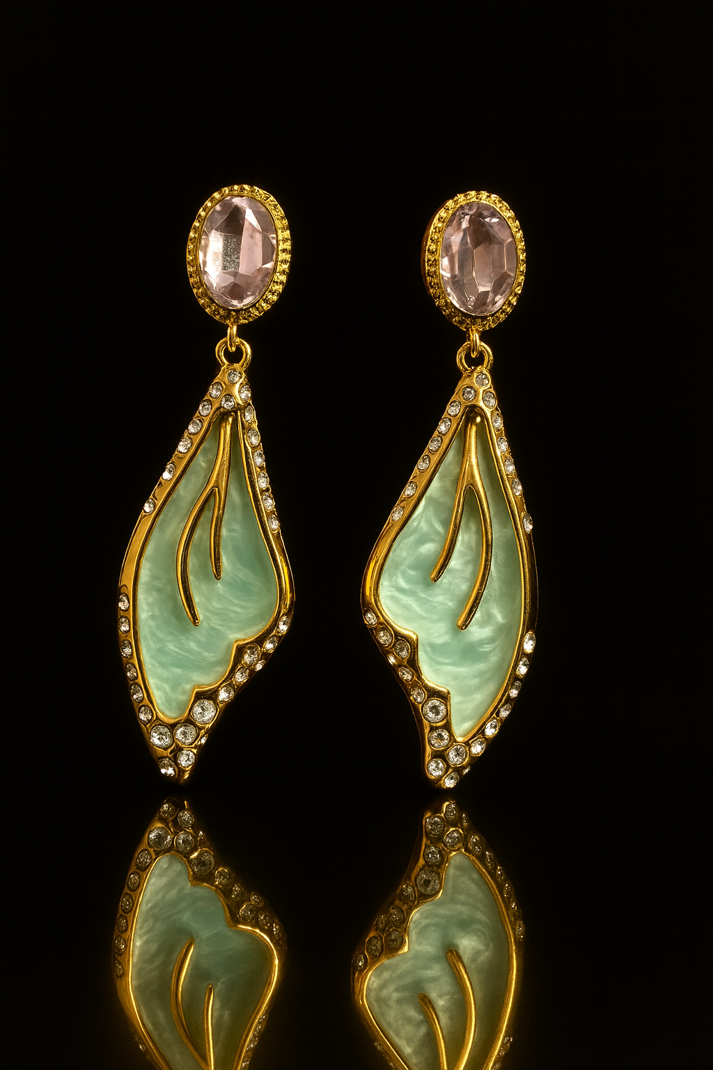 Gold-plated Korean drop earrings with green enamel and crystals