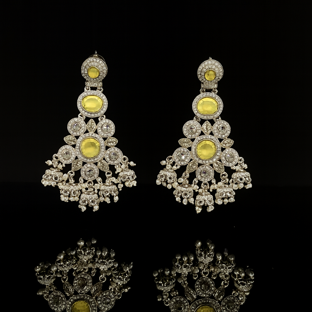 Yellow stone kundan chandbali earrings with pearl drops