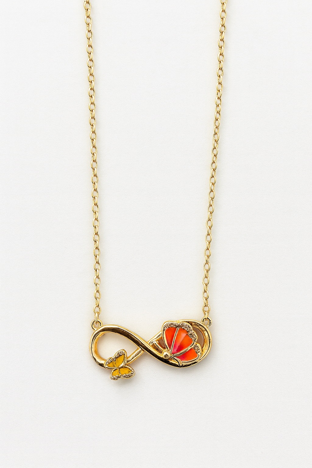 Gold-plated Korean infinity necklace with orange enamel flower