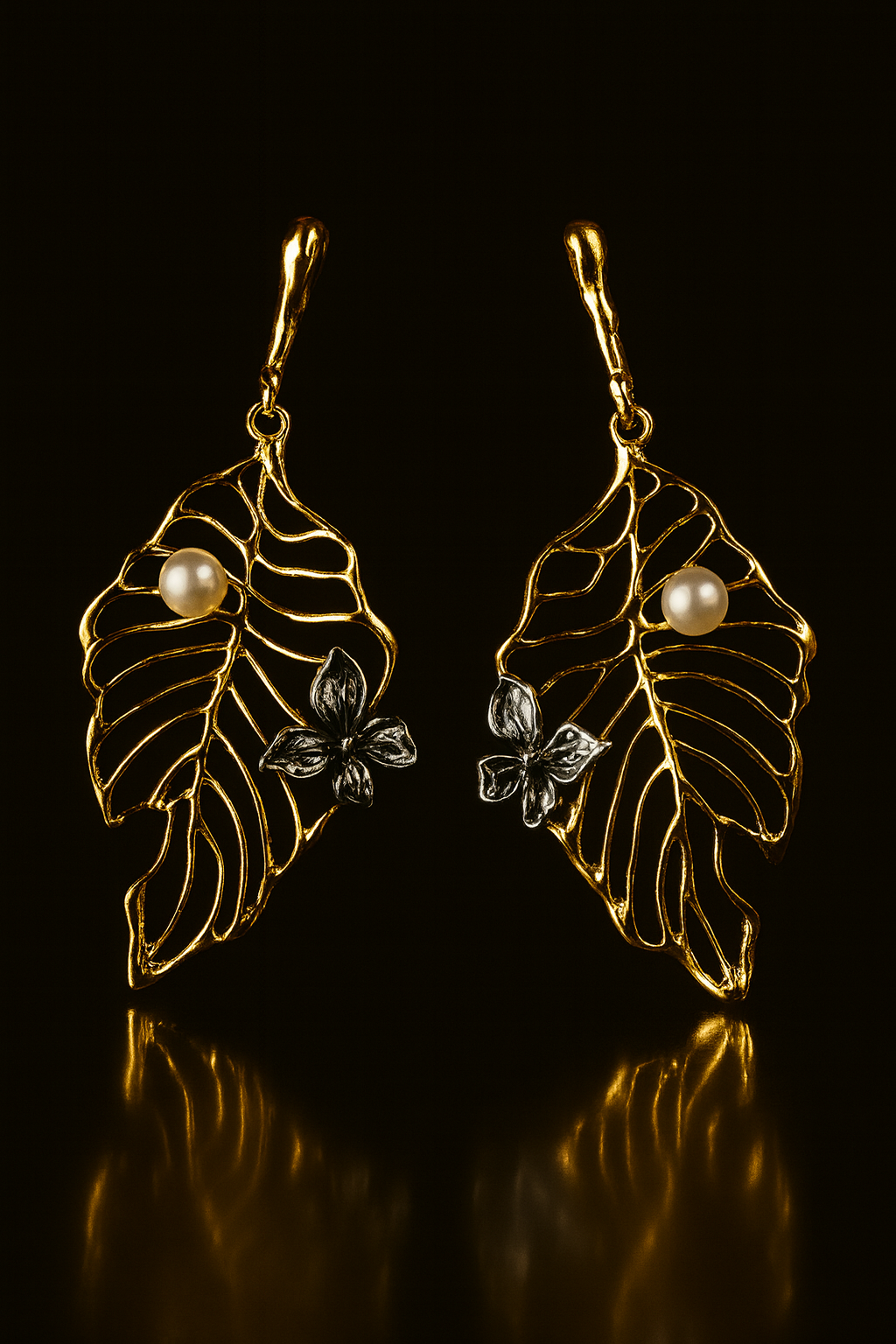 Gold-plated Korean leaf earrings with pearl and butterfly