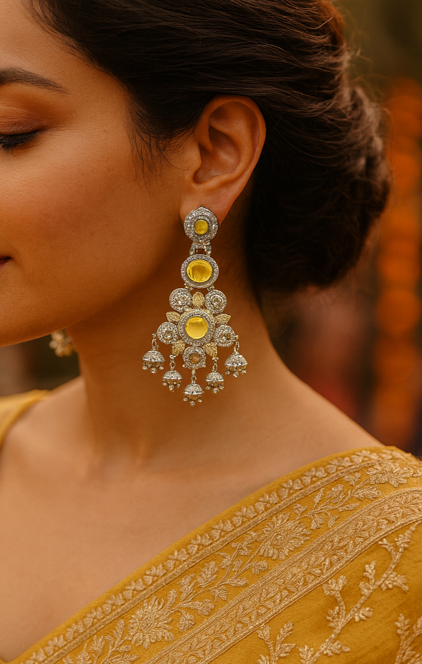 Yellow stone kundan chandbali earrings with pearl drops