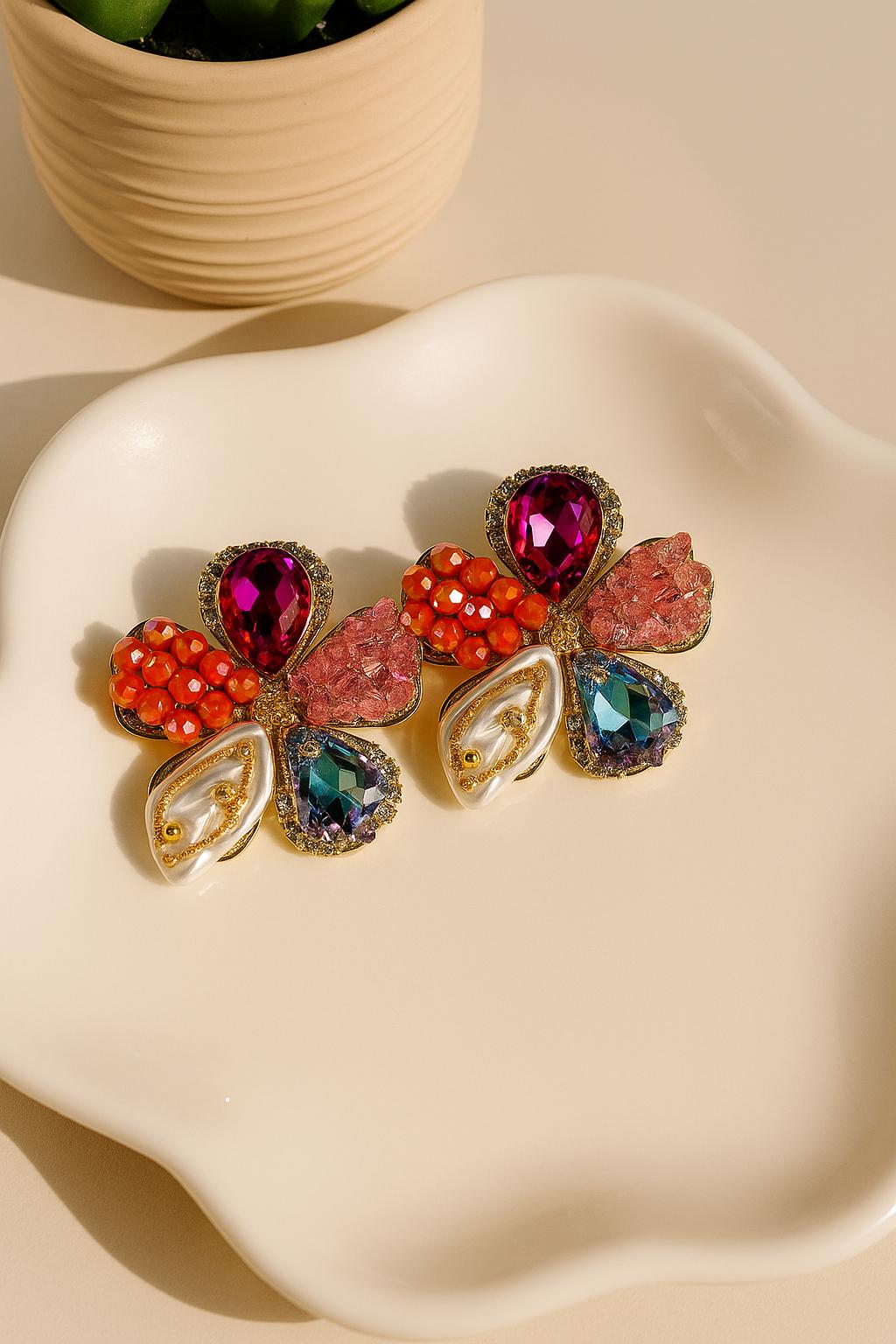 Korean floral earrings with ruby crystals and coral beads