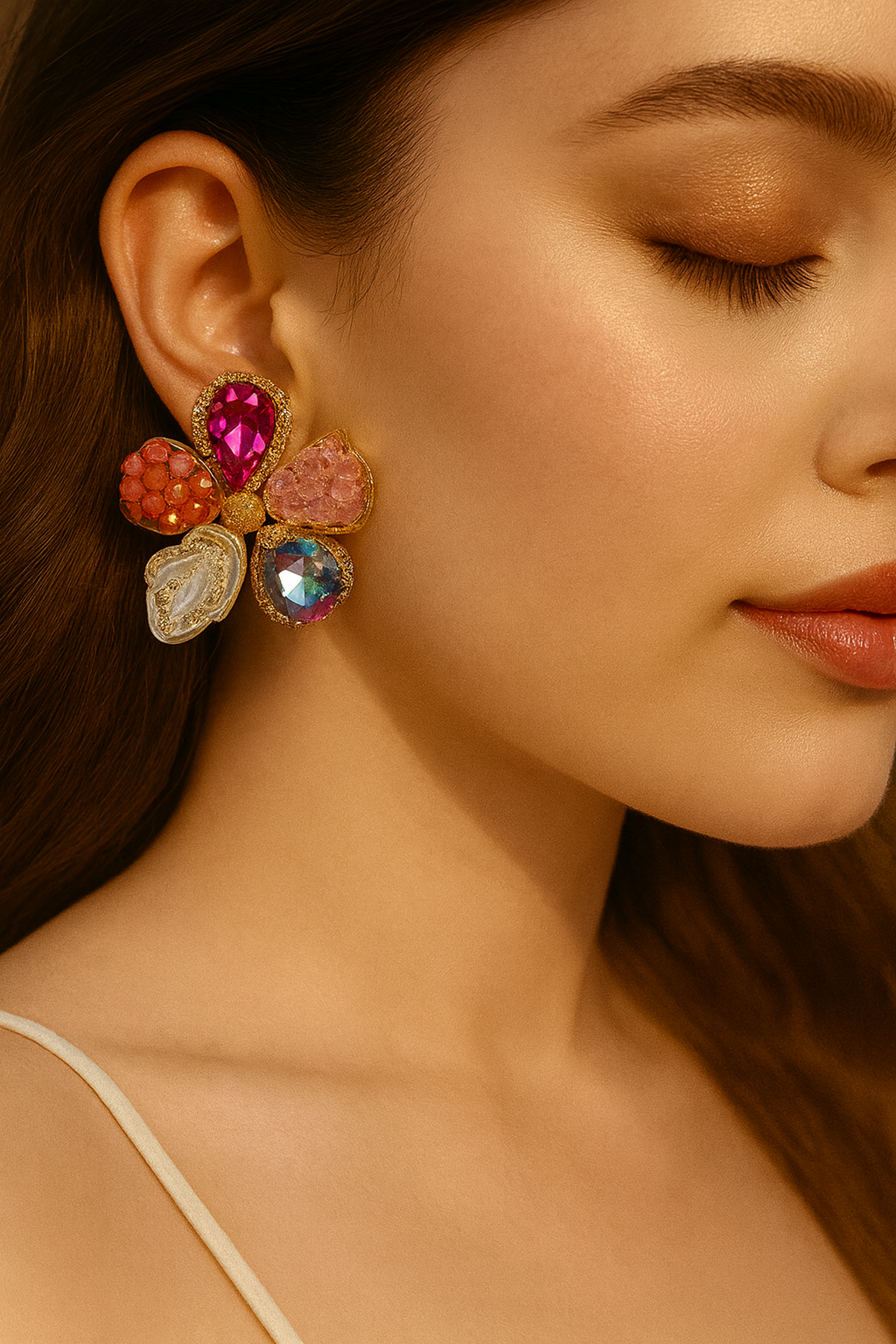 Korean floral earrings with ruby crystals and coral beads