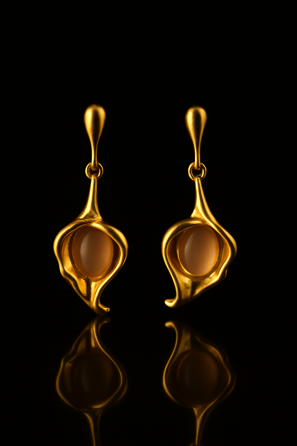 Gold-plated Korean drop earrings with peach gemstone