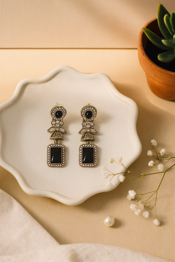 Festive Indian Earrings | Black Stone & Gold Rectangle Dangle