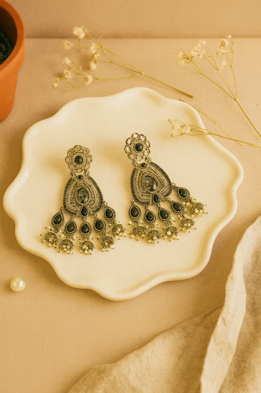Festive Indian Earrings | Black Stone Chandbali Jhumka