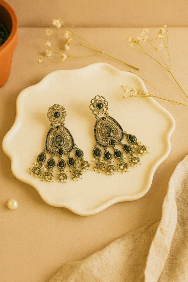 Festive Indian Earrings | Black Stone Chandbali Jhumka