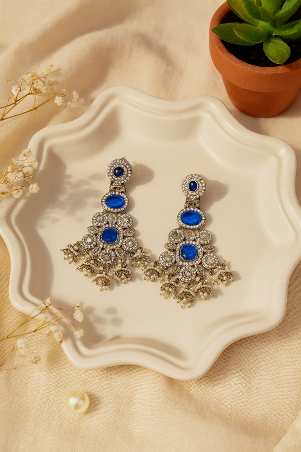Festive Indian Statement Earrings | Blue Stone & Gold Dangle Design