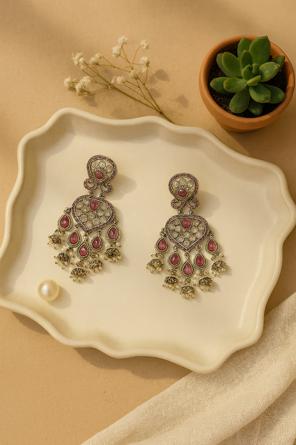 Festive Indian Kundan Earrings | Ruby Pink Teardrop Jhumka Style